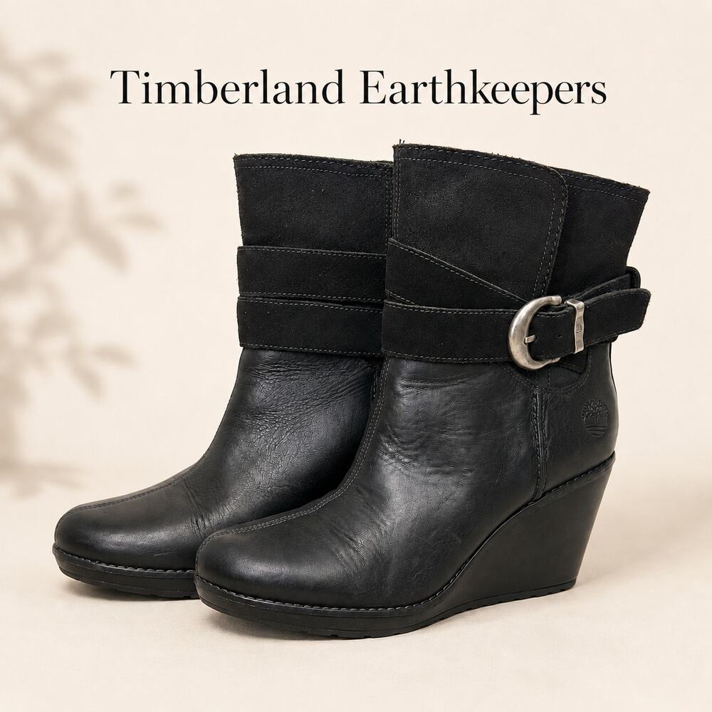 Timberland Earthkeepers 22659 Women’s 8.5 Black Leather Suede Wedge Buckle Boots